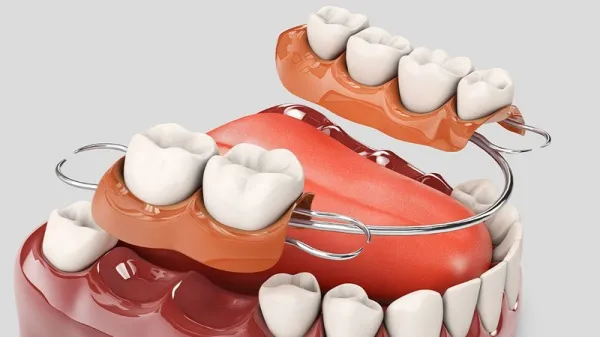 Răng giả tháo lắp một chiếc có khung kim loại