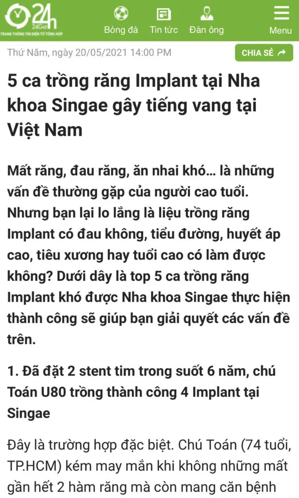 Báo 24h nói gì về Nha khoa Singae